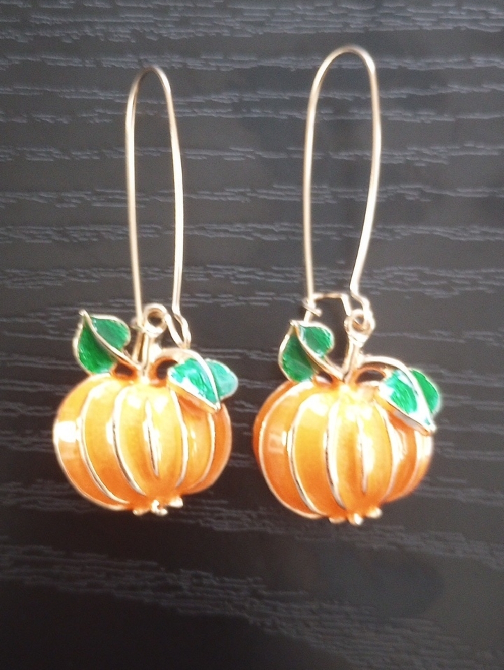 Gold-Tone Orange Pumpkin Metal Drop Earrings Green Leaves Autumn Fall